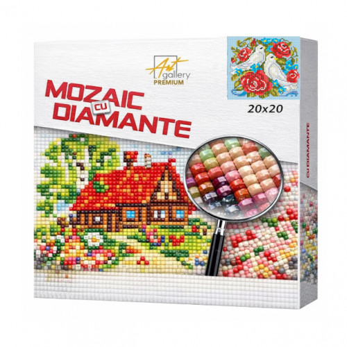 Porumbei și flori, 20×20 cm, mozaic cu diamante