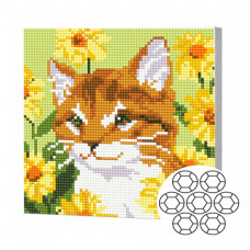 Рыжая кошечка среди цветов 20x20 см Алмазная мозаика