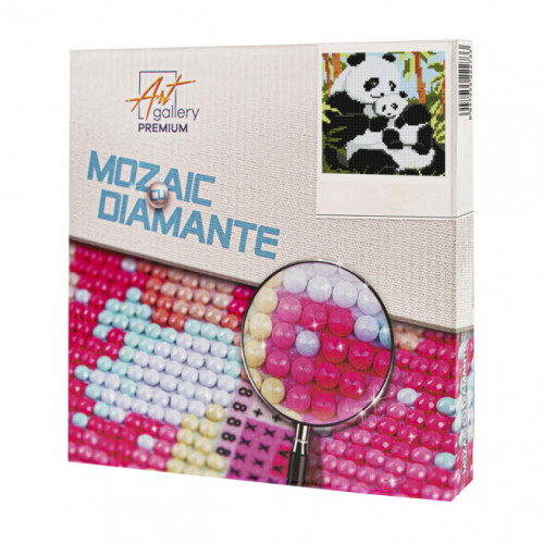 Panda cu puiul, 20x20 cm, mozaic cu diamante