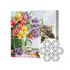 Котенок и букет цветов 20x20 см Алмазная мозаика