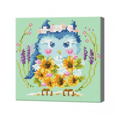 Bufniță azurie cu buchet de floarea-soarelui, 20x20 cm, mozaic cu diamante
