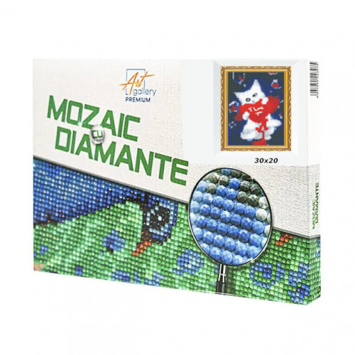 Mozaic cu diamante 20x30 cm Pisica alba cu o inima