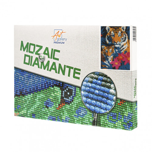 Tigri printre flori tropice, 20x30 cm, mozaic cu diamante Tigri printre flori tropice, 20x30 cm, mozaic cu diamante