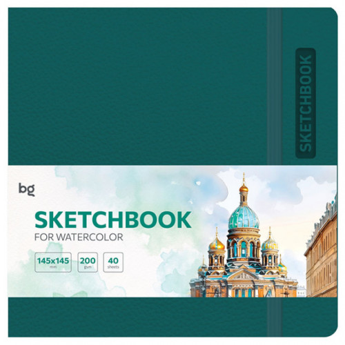 Caiet de schițe pentru acuarelă 40 foi, 145x145 BG "Bright. Teal", piele artificială, cu bandă elastică, 200 g/m2