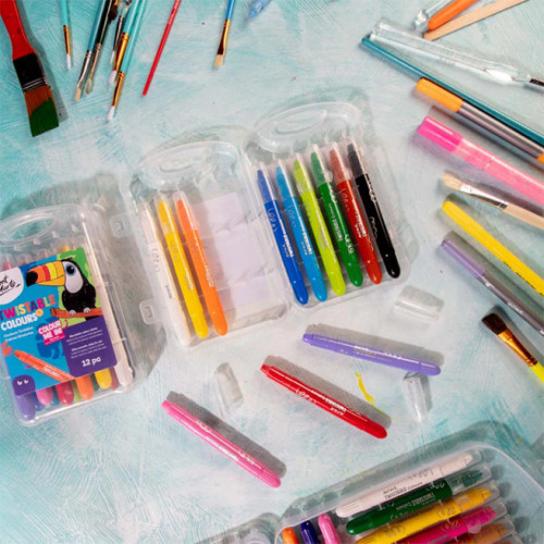 Set creioane colorate cu mecanism rotativ în casetă de plastic, 12 bucăți Set creioane colorate cu mecanism rotativ în casetă de plastic, 12 bucăți