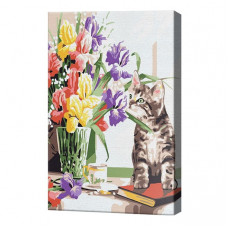 Котенок и букет цветов, 20x30 см, картина по номерам
