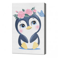 Un pinguin în coroniță de flori, 20x30 cm, pictură pe numere