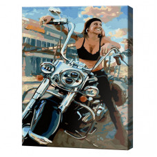 Motociclistă, 40x50 cm, pictură pe numere Motociclistă, 40x50 cm, pictură pe numere