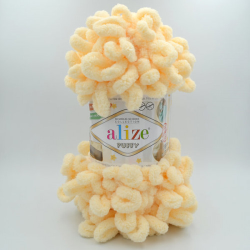 Alize Puffy N 742,  желтый персик цвета, с готовыми петлями для вязания пледов, игрушек, балаклав